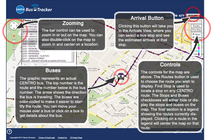 Zooming - The bar control can be used to zoom in or out on the map.  You can also double-click on the map to zoom in and center on a location. Buses - The graphic represents an actual Centro bus.  The top number is the route and the number below is the bus number.  The arrow shows the direction the bus is traveling.  The buses are color-coded to make it easier to identify the route. You can move your mouse over a bus or click on a bus to get details about the bus. Bus Stops - The red dots represent bus stops on a bus route.  Red dots right next to each other represent bus stops on either side of the street, with buses going in opposite directions.  You can move your mouse over a stop or click on a stop to see the name of the stop and get details on when a bus is predicted to arrive at that stop. Controls - The controls for the map are above.  The Routes button is used to choose the route you wish to display.  Find Stop is used to locate a stop on any Centro route.  The Stops and Buses checkboxes will either hide or display the stops and buses on the map.  The final section is a legend showing the routes currently displayed.  Clicking on a route in the legend will center the map on that route.